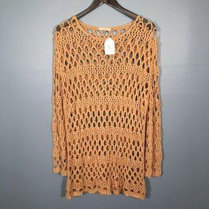 easel Women's Crochet Tunic Dress S/M Small Medium Solid Peach/Apricot Long Slee